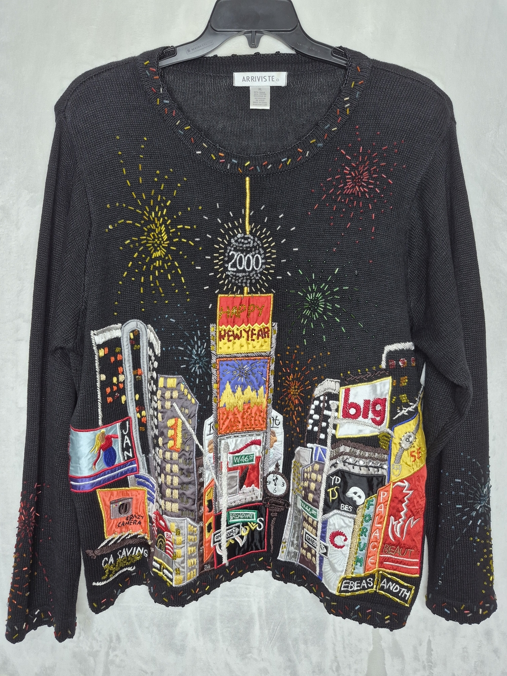 Vintage Y2K 2000 Arriviste Times Square NYC Beaded Sweater Embroidered Womens XL